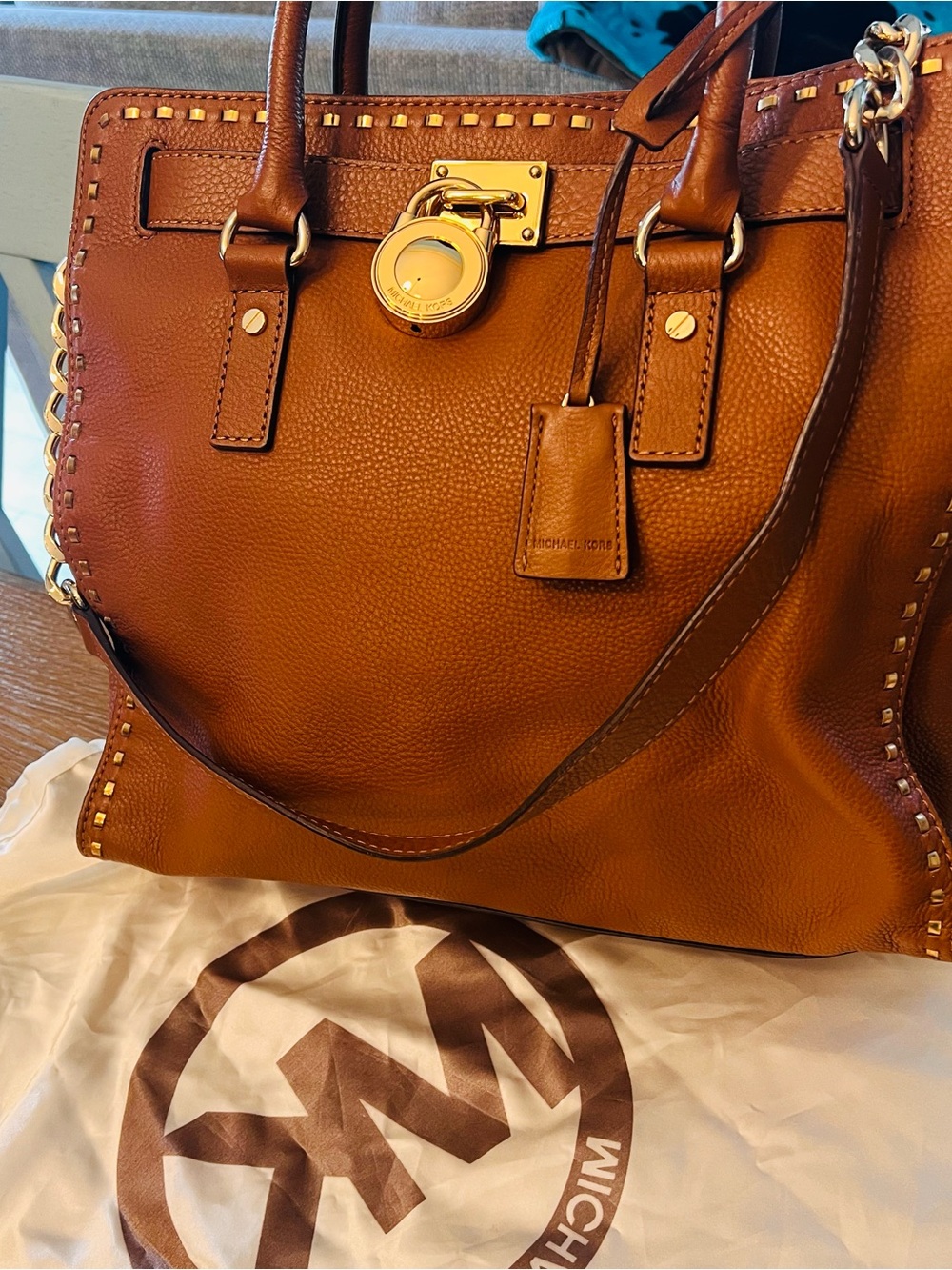 Michael Kors Cognac Leather Studded Tote with Gold Hardware